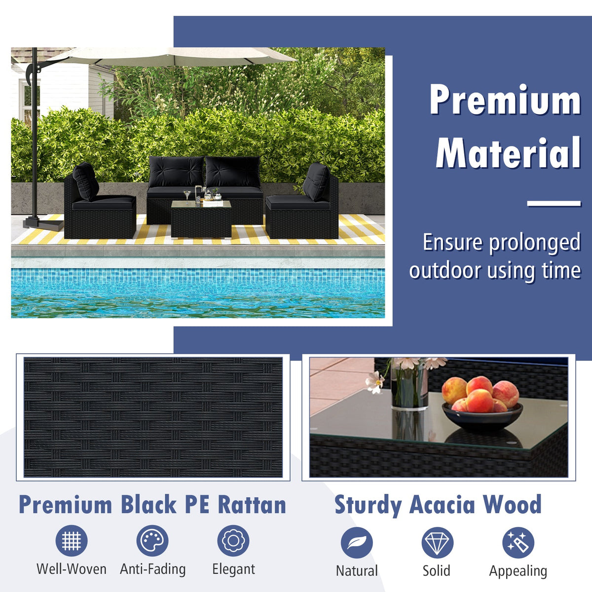 5-Piece Patio Furniture Set with Cushions & Coffee Table