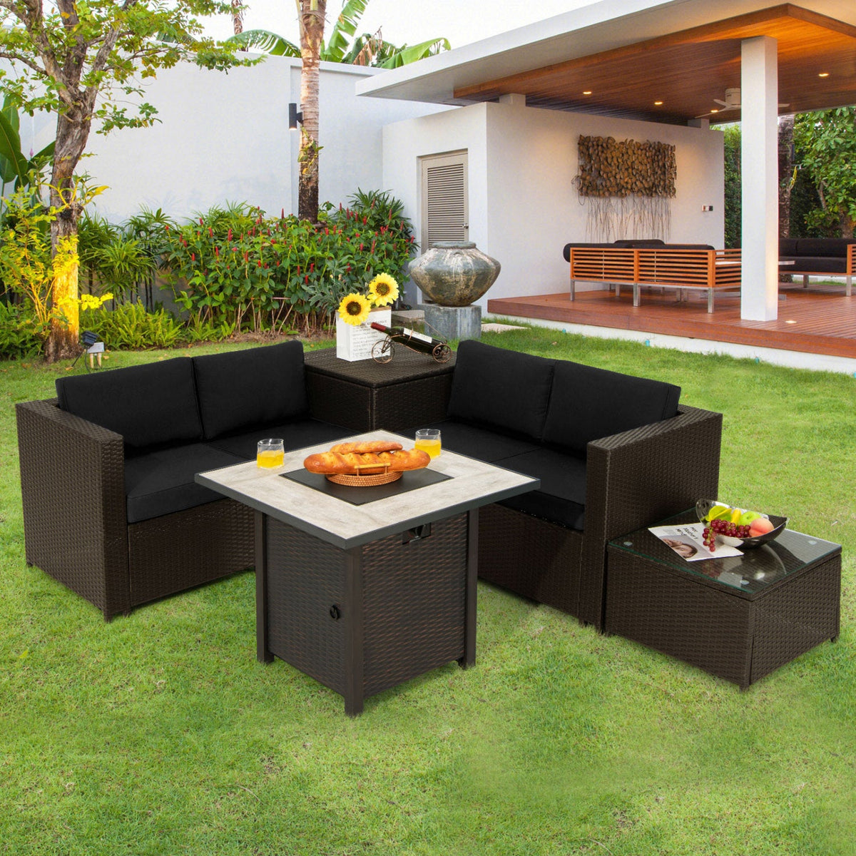 5-Piece Wicker Patio Set with 30-Inch Gas Fire Pit Table