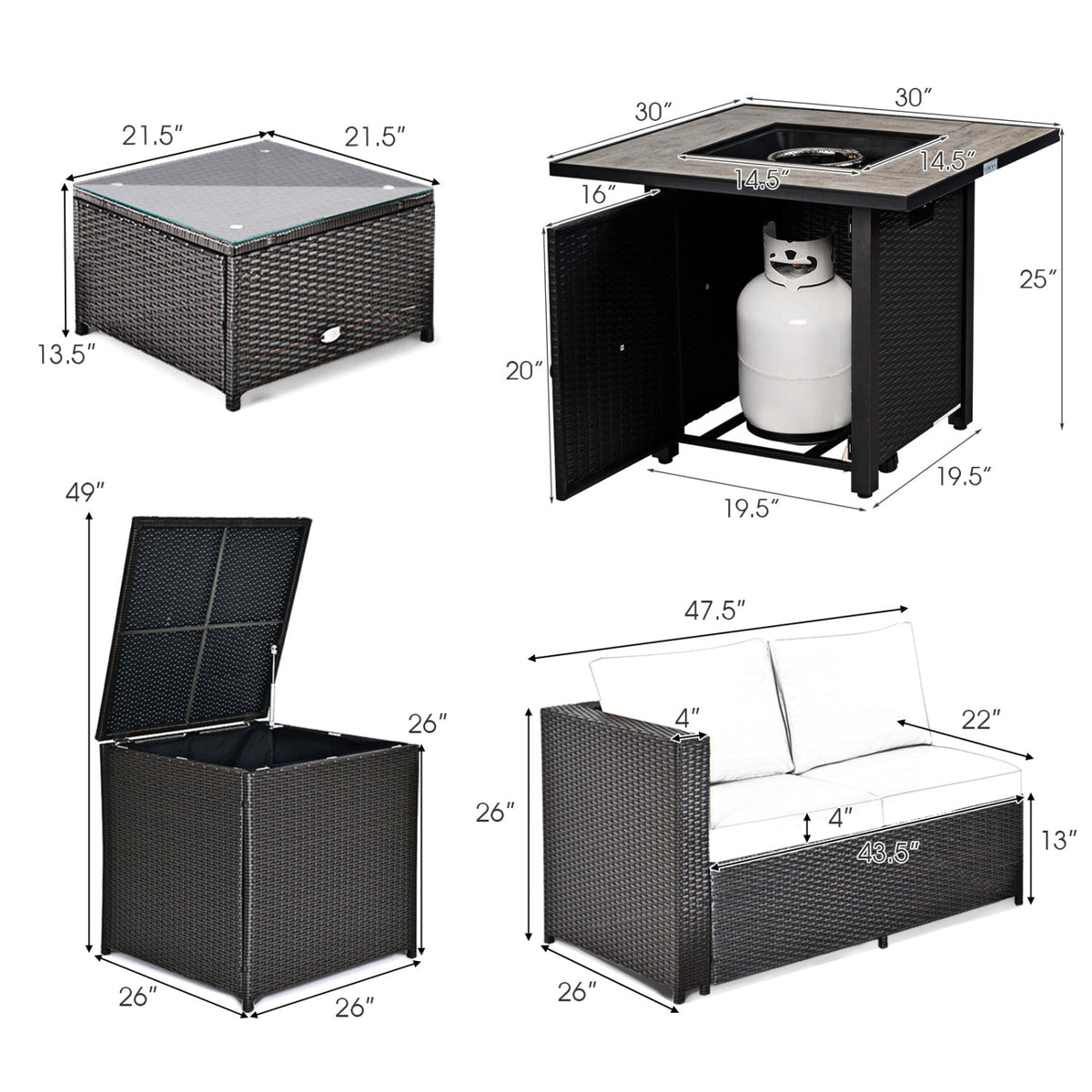5-Piece Wicker Patio Set with 30-Inch Gas Fire Pit Table