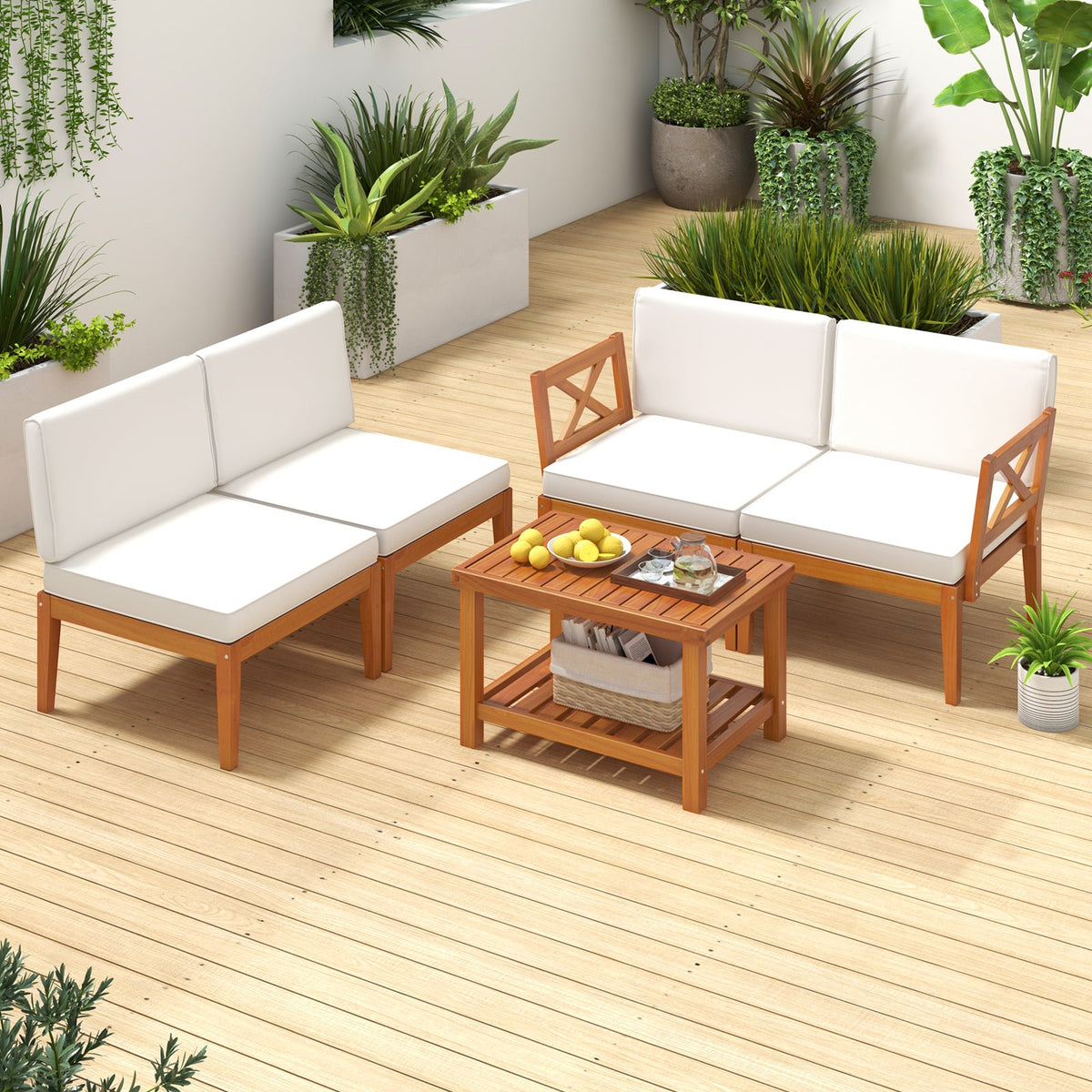 5 Pieces Acacia Wood Patio Furniture Set Outdoor Sectional Conversation Set with Cushions-Off White