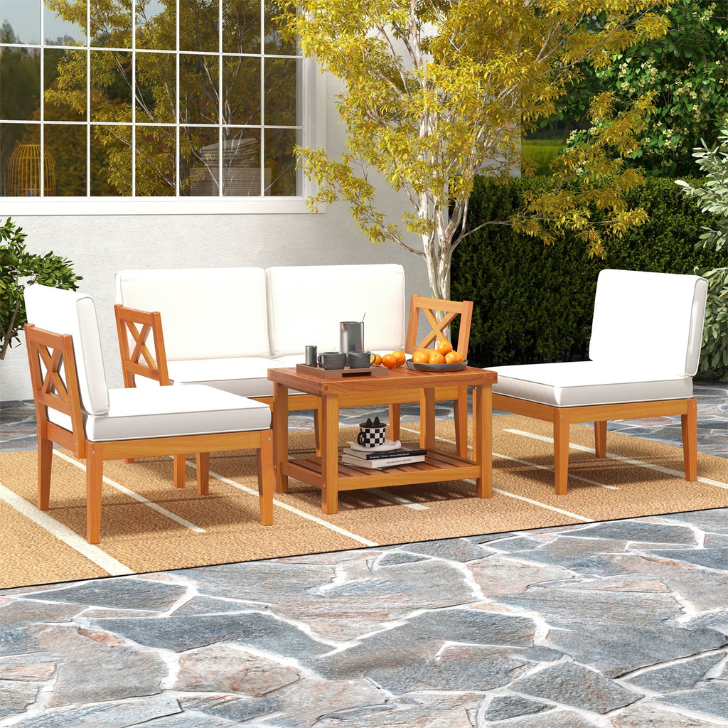 5 Pieces Acacia Wood Patio Furniture Set Outdoor Sectional Conversation Set with Cushions-Off White