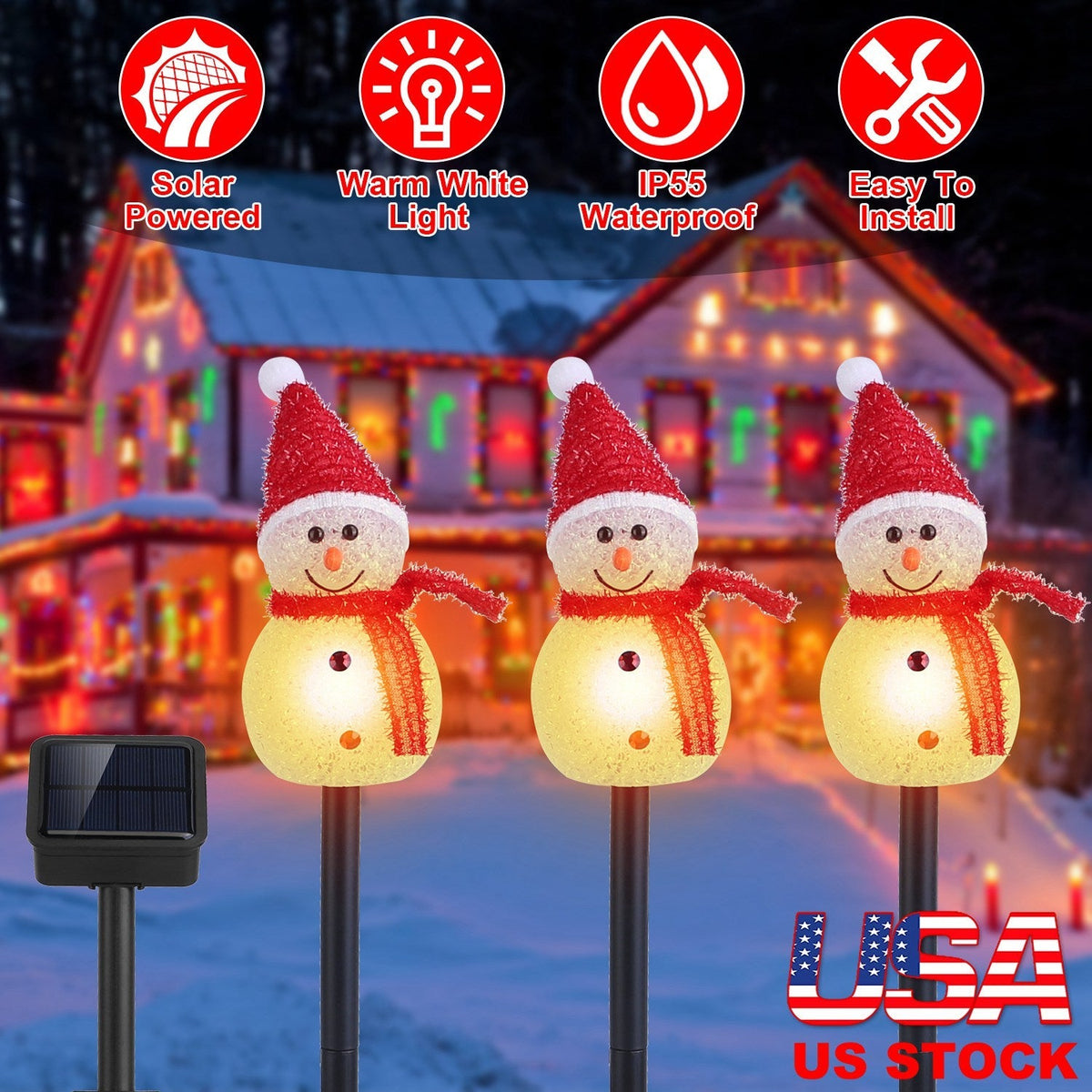 1Pc Solar Powered Lamp 3 Snowmen Outdoor Decorative Christmas Lamp Garden Stake Light IP55