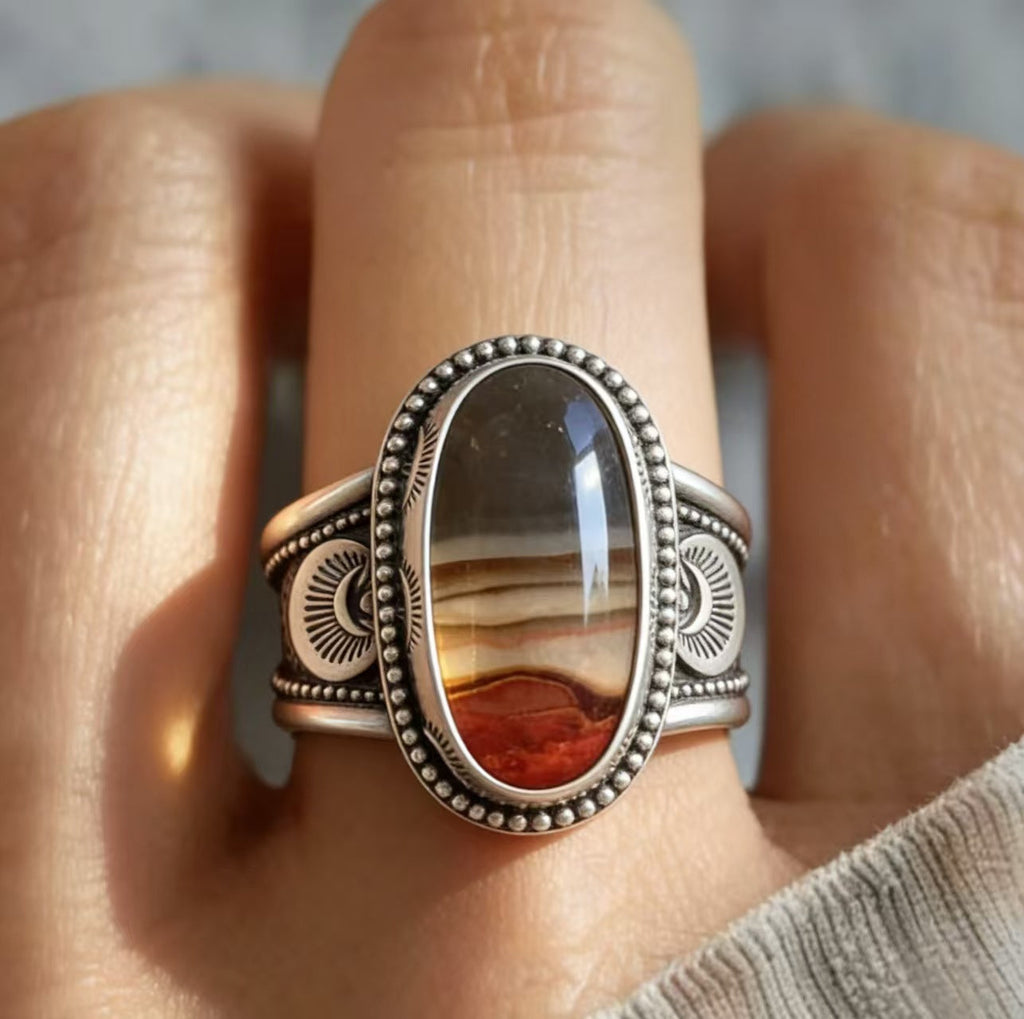 Bohemian Silver-Plated Faux Agate Ring