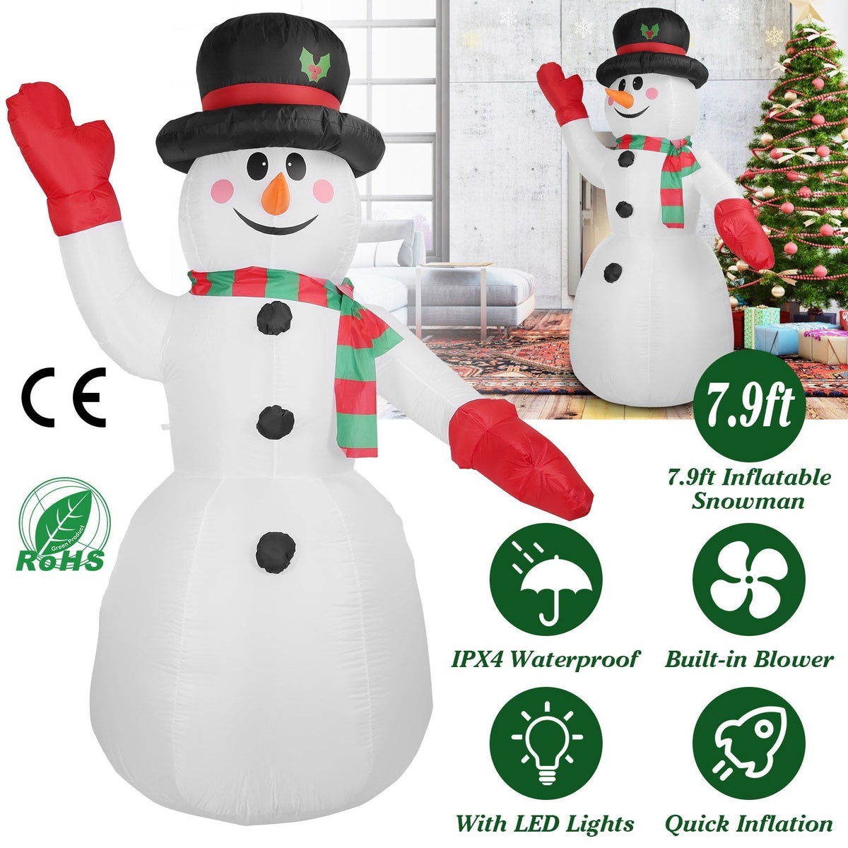 7.9 ft Christmas Inflatable Giant Snowman Blow up Light up Snowman with LED Lights Hat Scarf IPX4