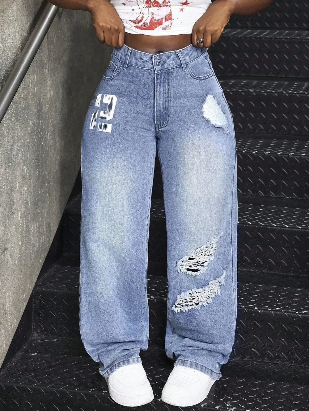 Distressed Wide-Leg Jeans
