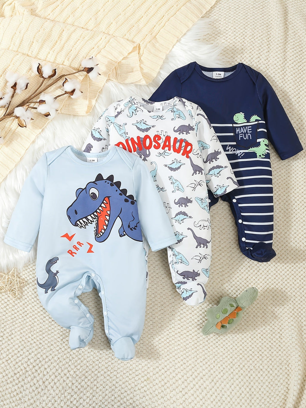 Baby Dinosaur Print Bodysuits – 3-Pack