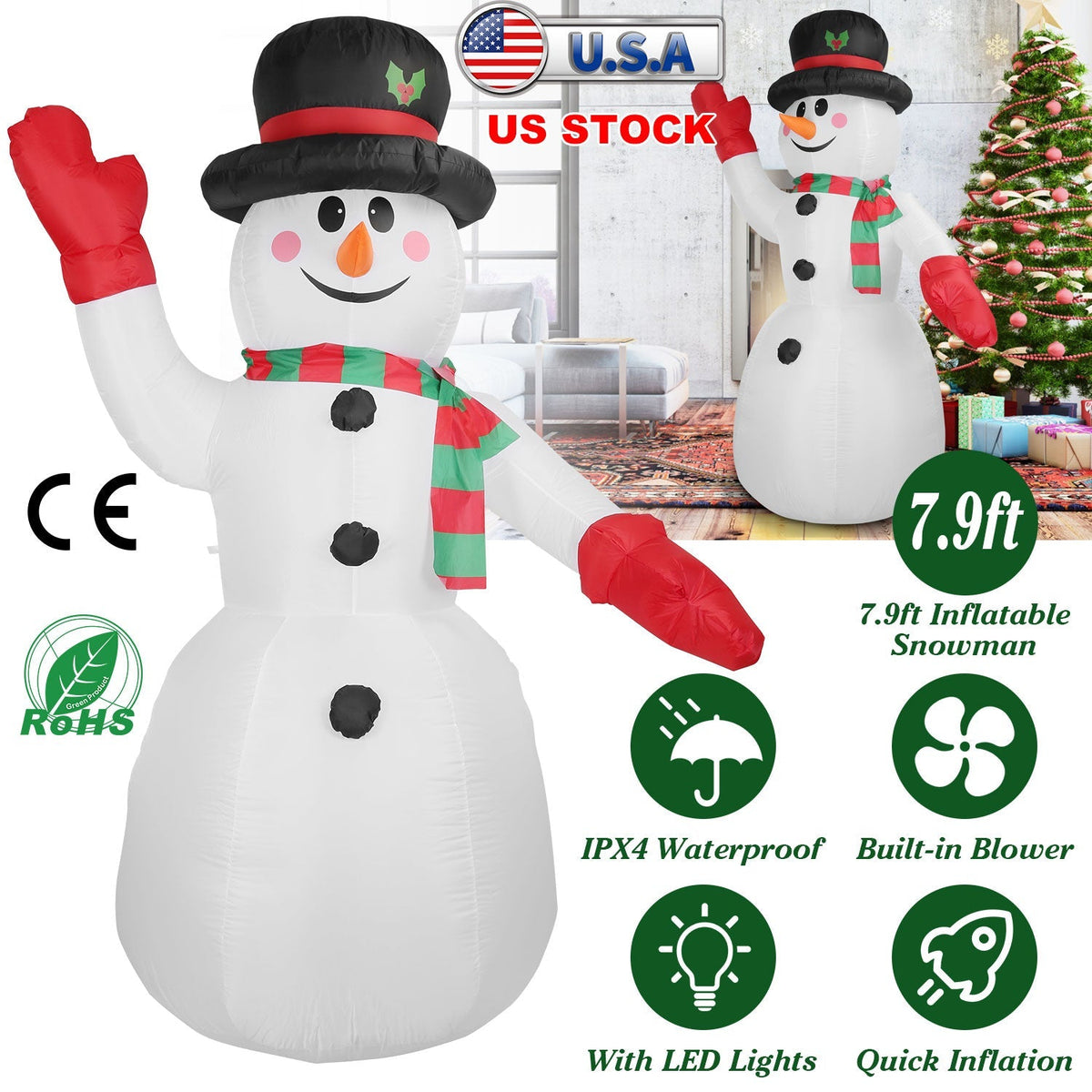 7.9 ft Christmas Inflatable Giant Snowman Blow up Light up Snowman with LED Lights Hat Scarf IPX4