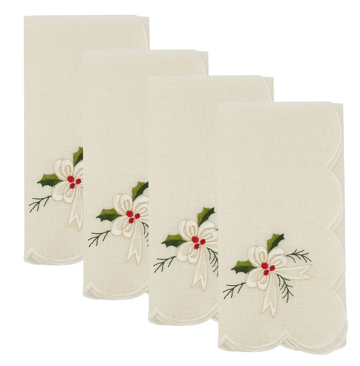 Holly & Ribbon Embroidered Christmas Table Linens