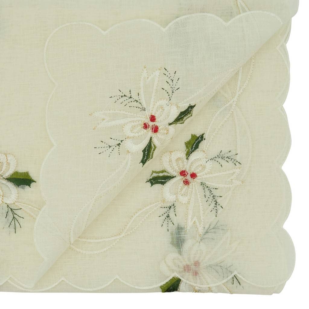 Holly & Ribbon Embroidered Christmas Table Linens