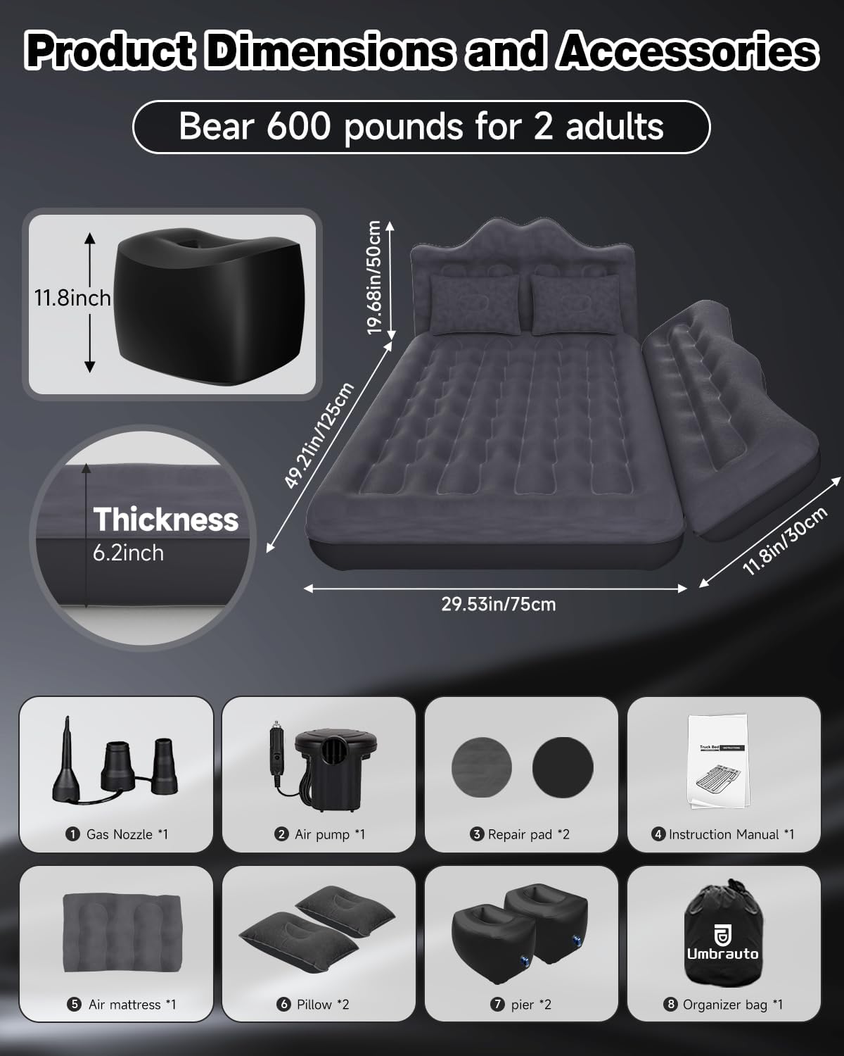 Umbrauto Backseat Camping Air Mattress with Pump & Pillows — Black