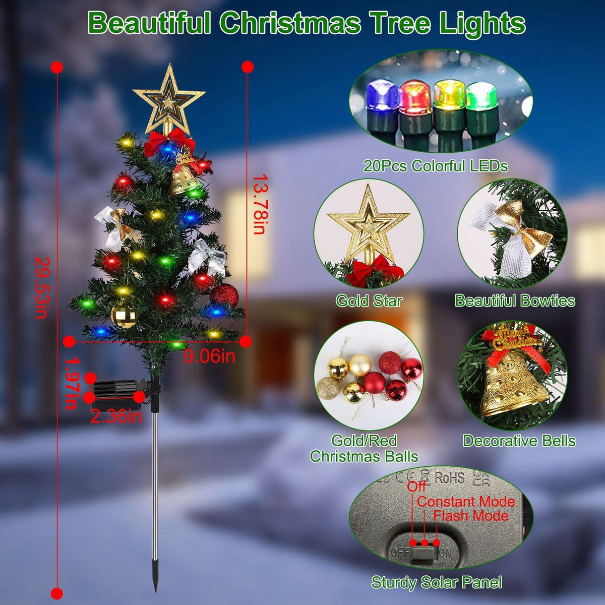 4Packs Solar Christmas Tree Lights Christmas Garden Decorations Tree Stake Lamp 20LEDs Solar Decor