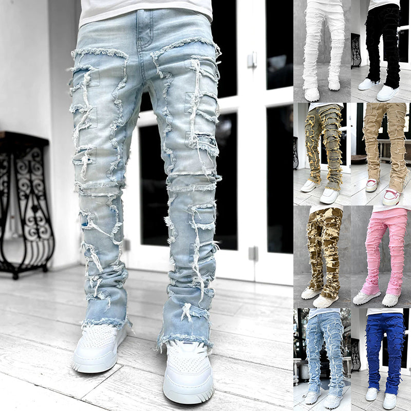 Men's Distressed Patchwork Stacked Jeans