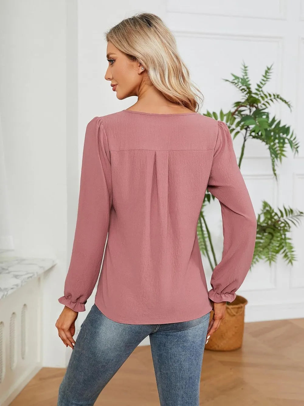 Notched-Neck Flounce-Sleeve Blouse