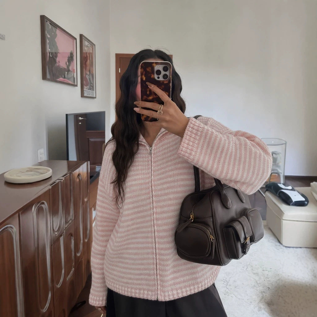 Contrast Stripe Zip-Front Sweater