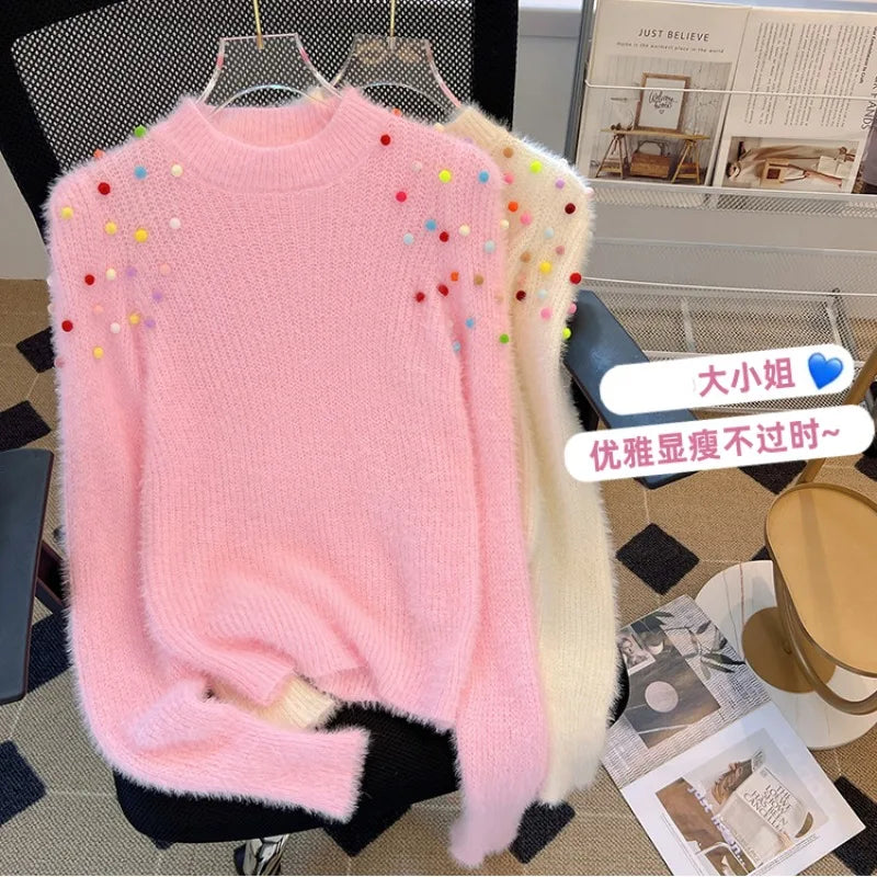 Colorful Pom-Pom Patchwork Cropped Sweater