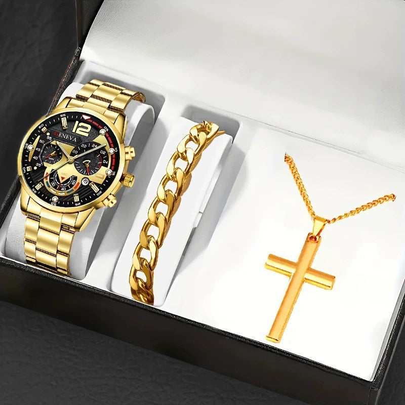 Men's Watch, Cross Necklace & Bracelet Set