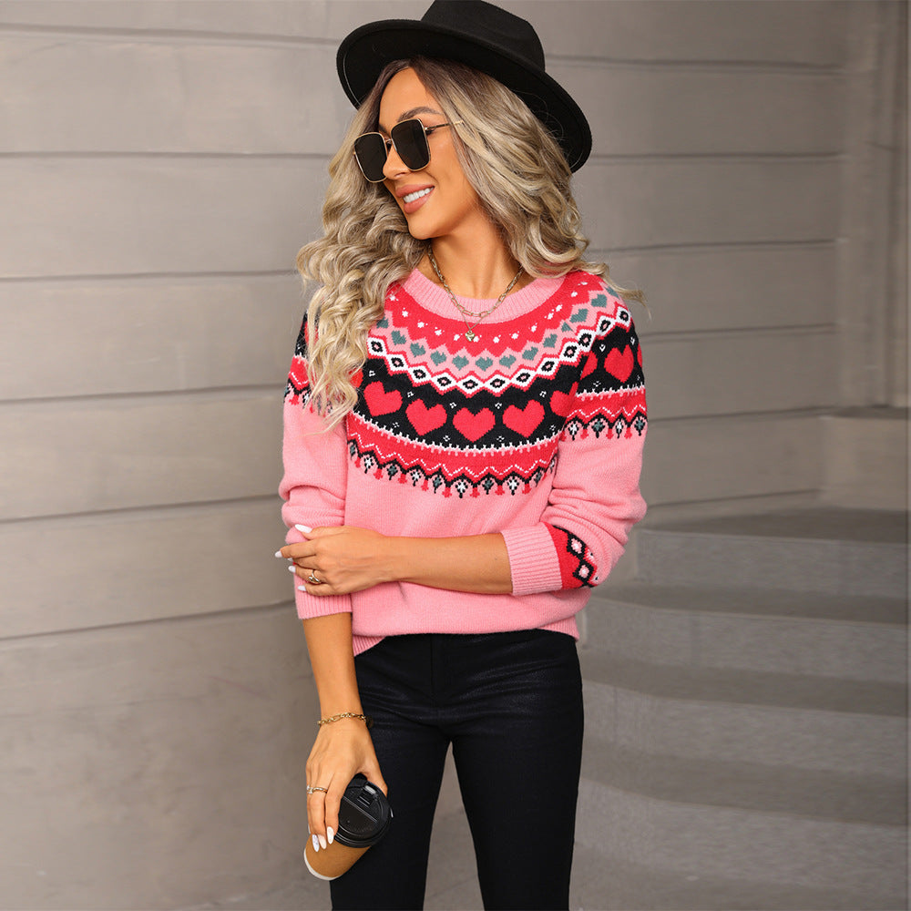 Heart Jacquard Crewneck Sweater