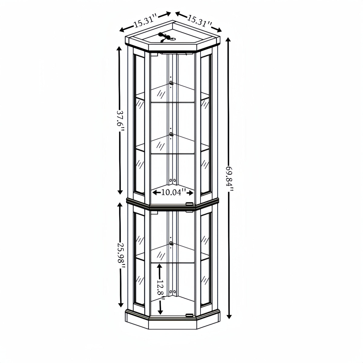 Corner Glass Cabinet Lighted Curio Cabinet Corner Display Case for Living Room, Curio Cabinet, Antique collection, Wine,Bar Glass Storage Light Included, Dark oak