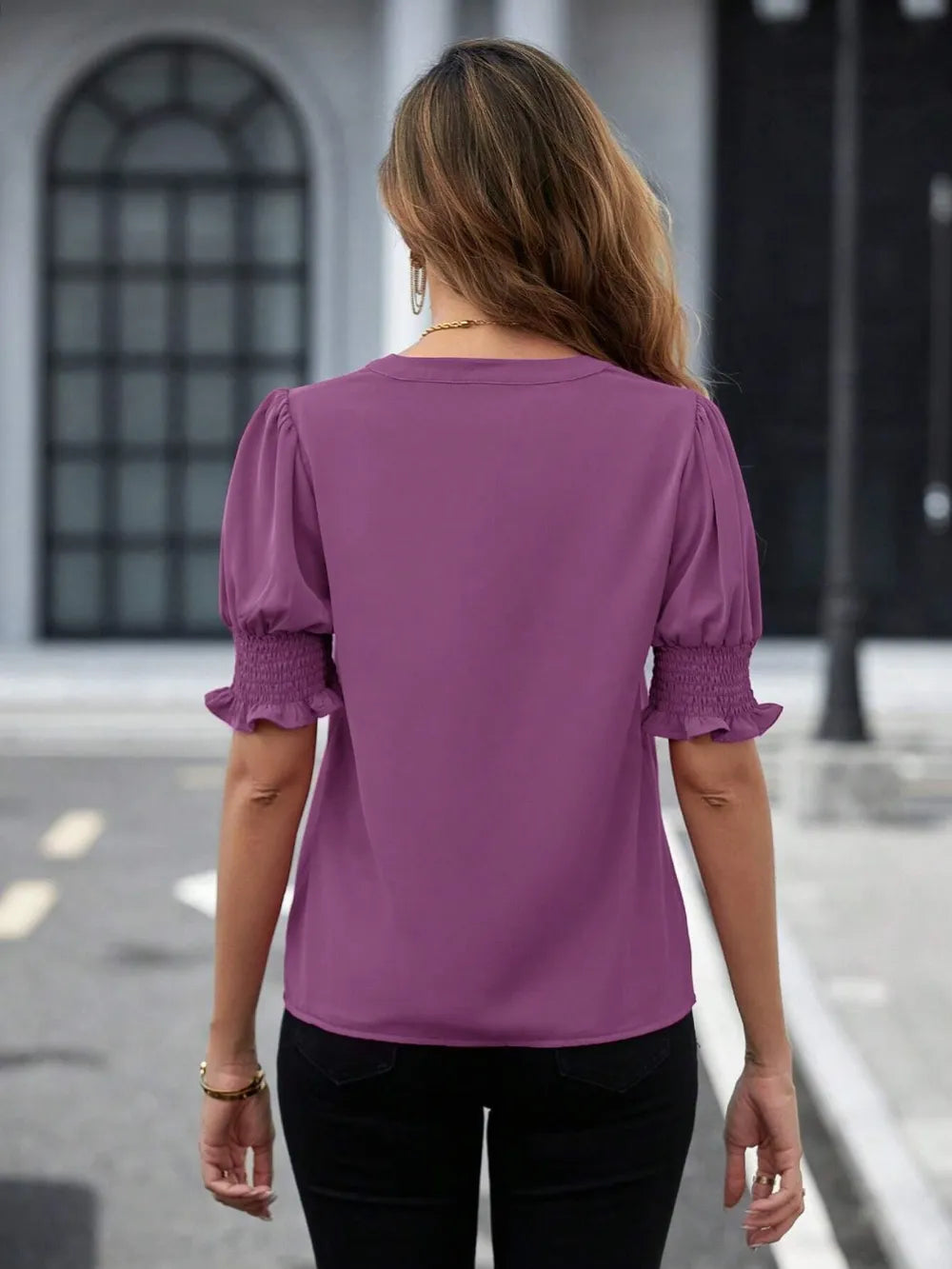 Notched-Neck Short-Sleeve Blouse