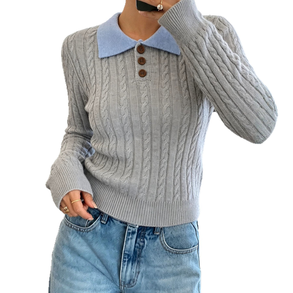 Polo-Collar Long-Sleeve Sweater