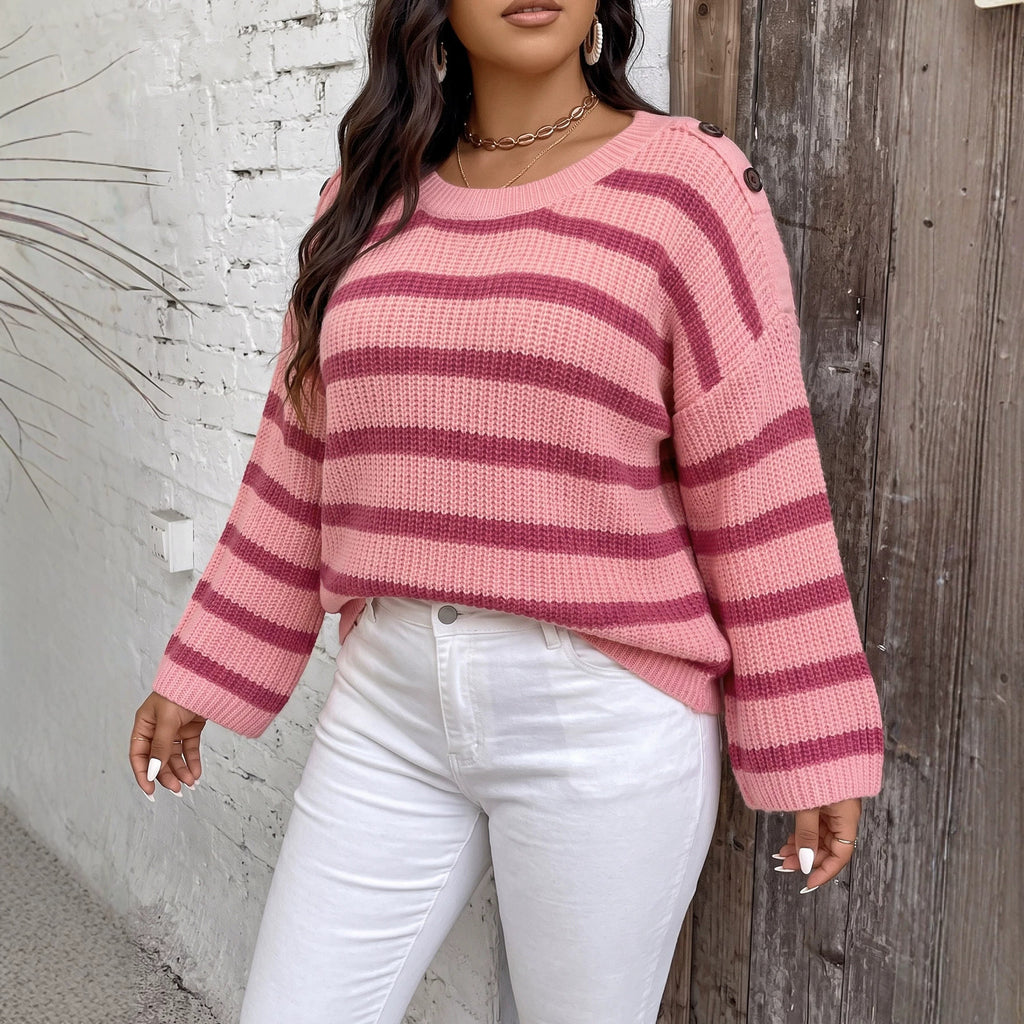 Women's Plus Size Striped Button-Detail Sweater