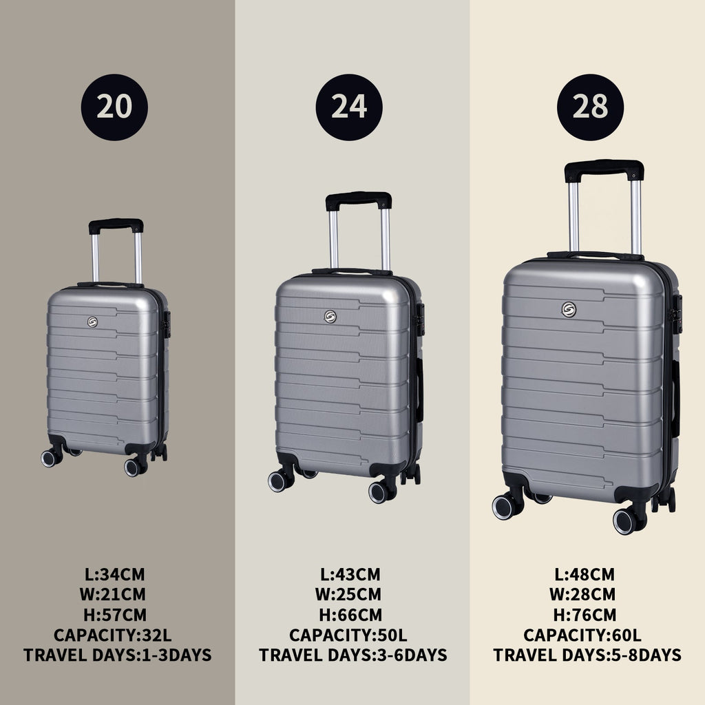3-Piece ABS Spinner Luggage Set — Silver/Gray, 20, 24 & 28 in