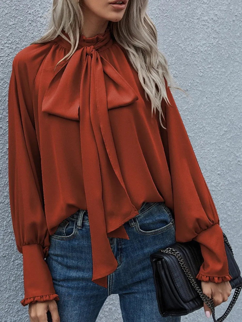 Women's Tie-Neck Lantern-Sleeve Blouse