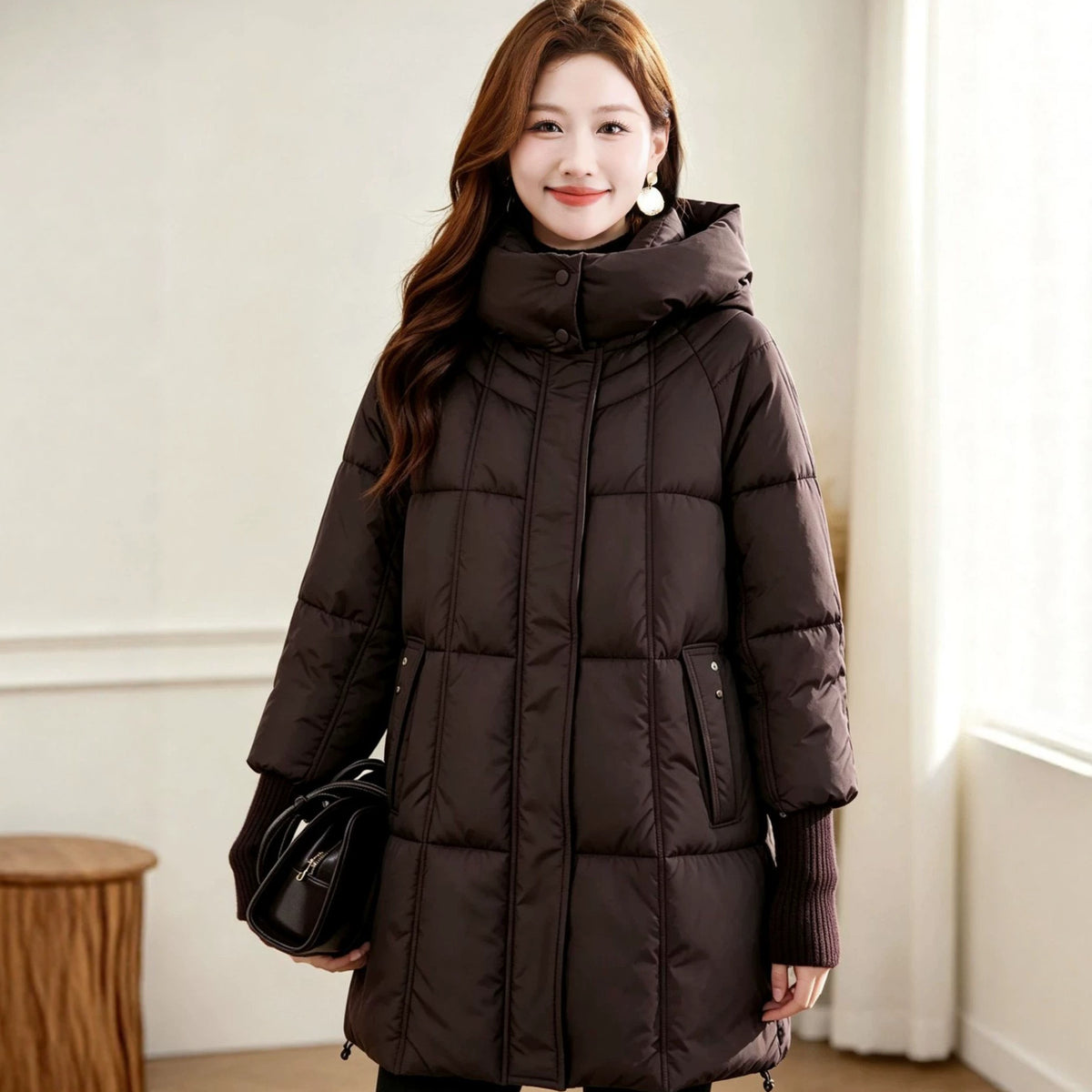Women's Plus Size Hooded Mid-Length Puffer Jacket