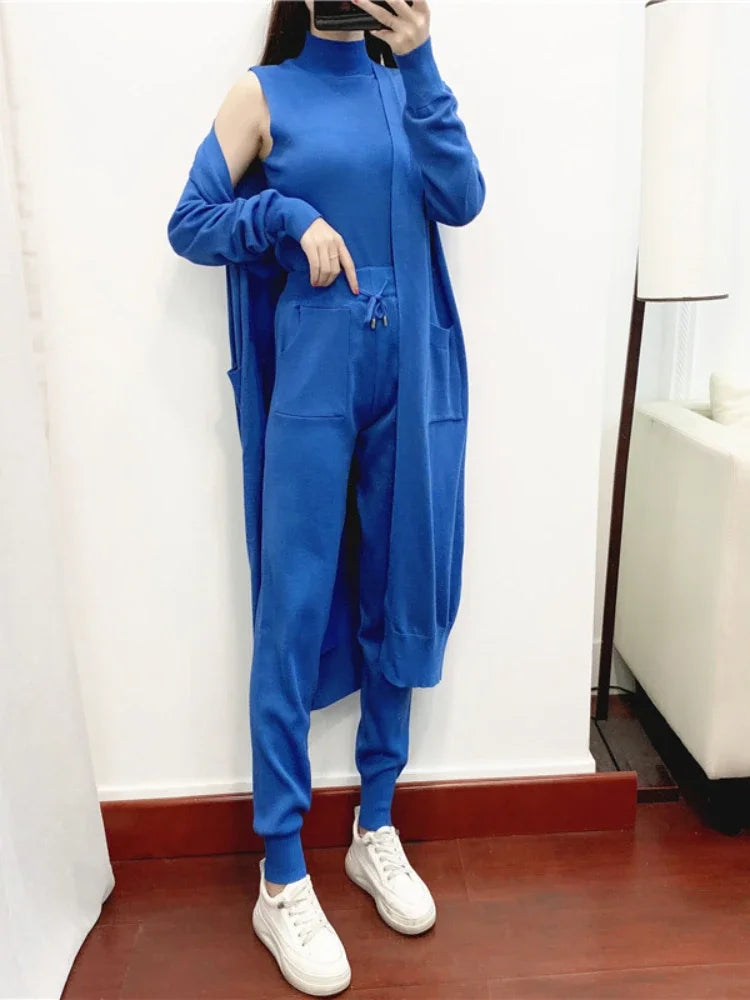 Three-Piece Knit Cardigan, Vest & Pants Set