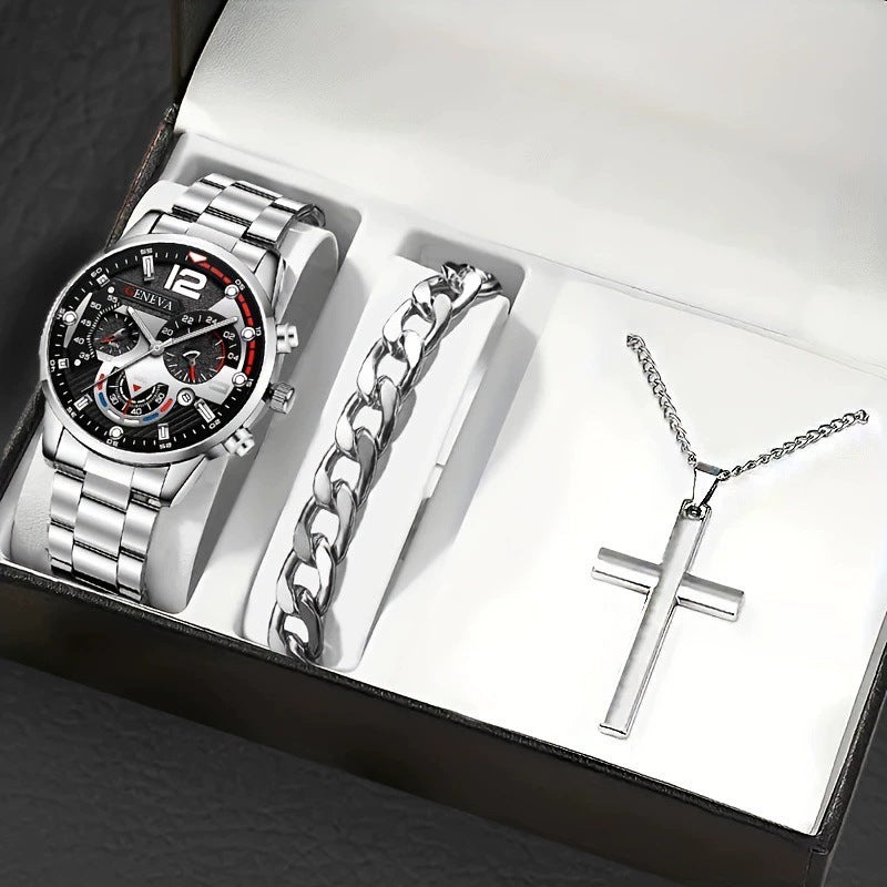 Men's Watch, Cross Necklace & Bracelet Set