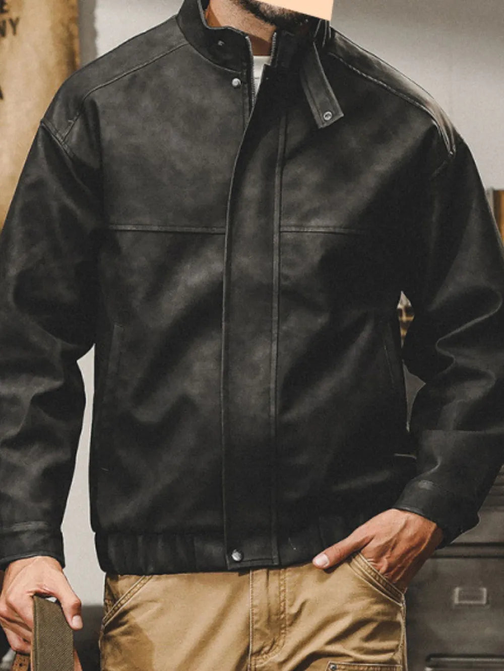 Men's Plus Size Stand-Collar Biker Jacket
