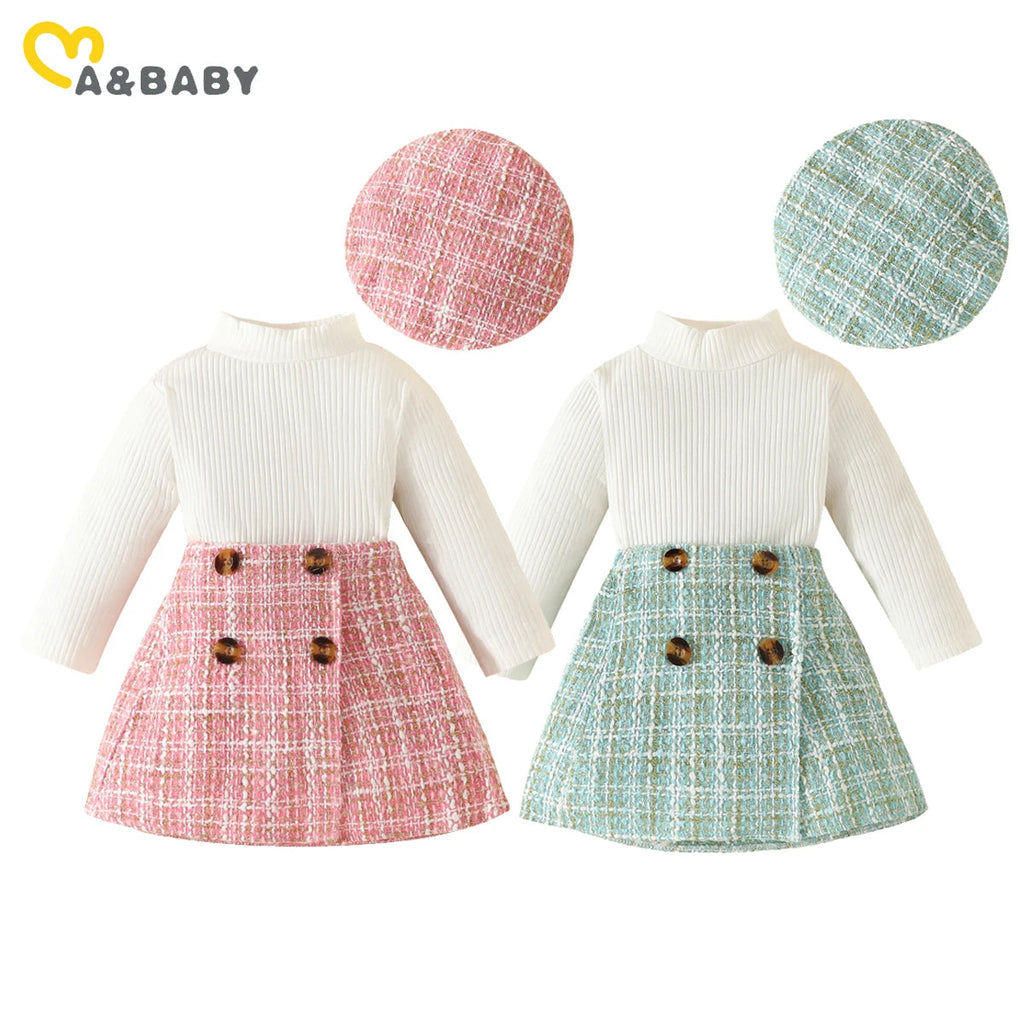 Baby Girls' Knit Top, Plaid Skirt & Hat Set