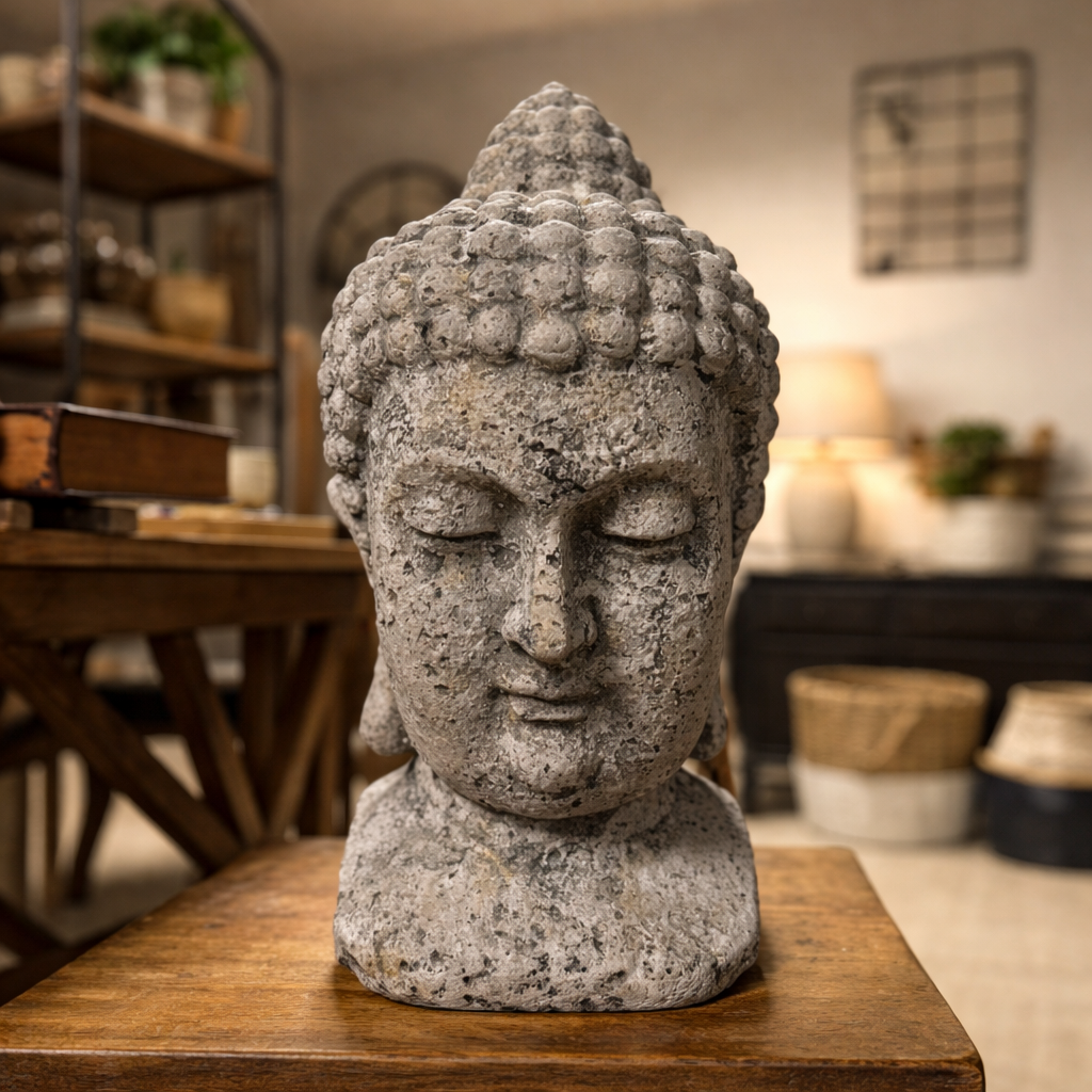 Cement Buddha Head Garden Statue – 19-Inch