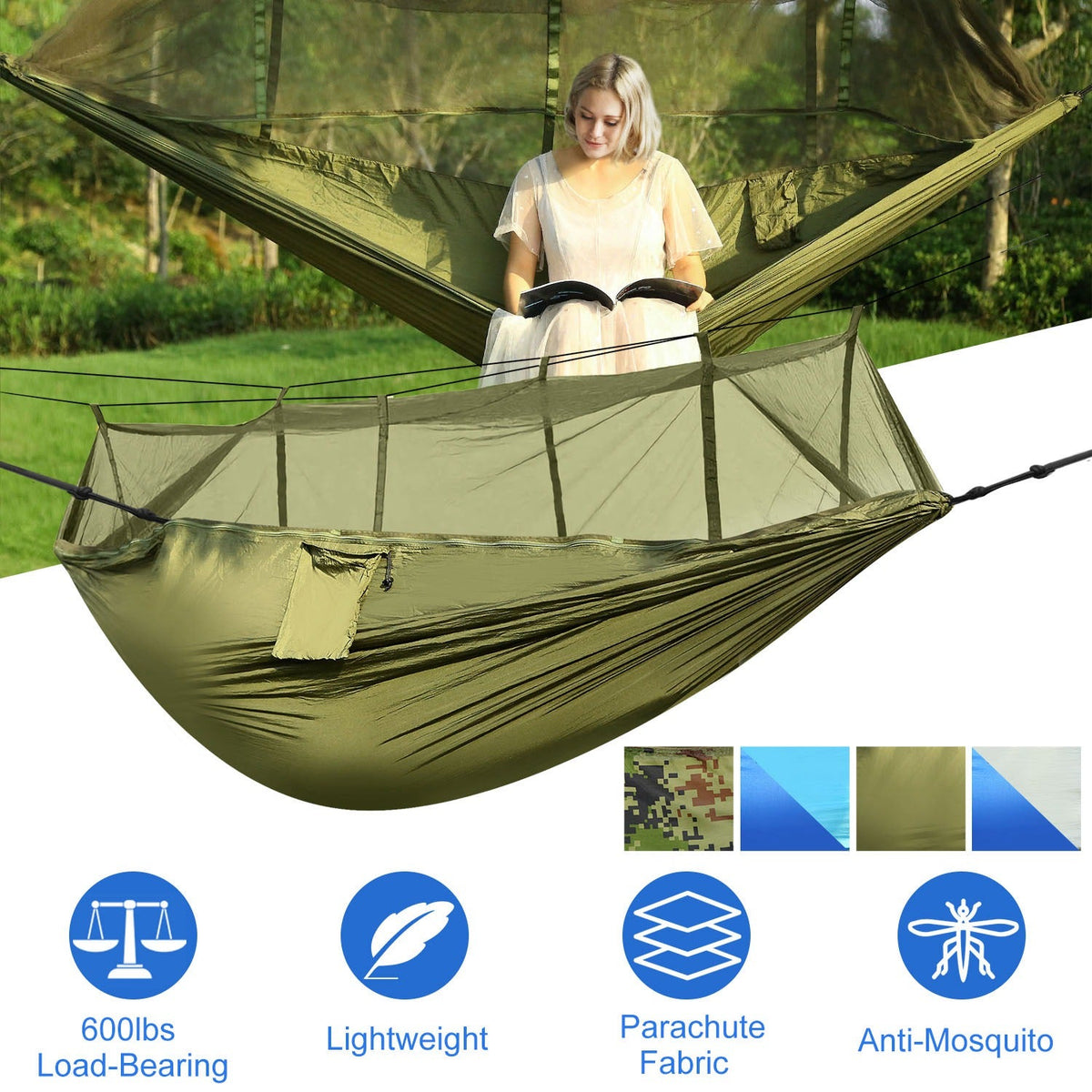 2-Person Camping Hammock with Mosquito Net — 600 lb Capacity