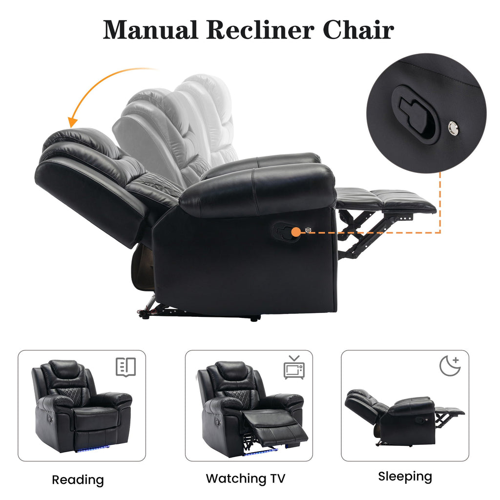 3 Pieces Recliner Sofa Sets Home Theater Seating Manual Recliner Chair With Center Console And LED Light Strip For Living Room
