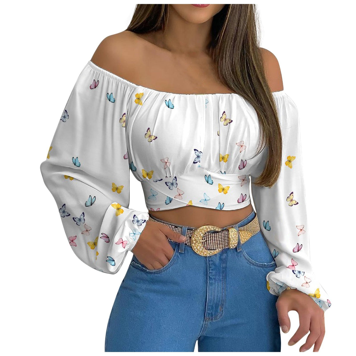 Off-Shoulder Lace-Up Long-Sleeve Top