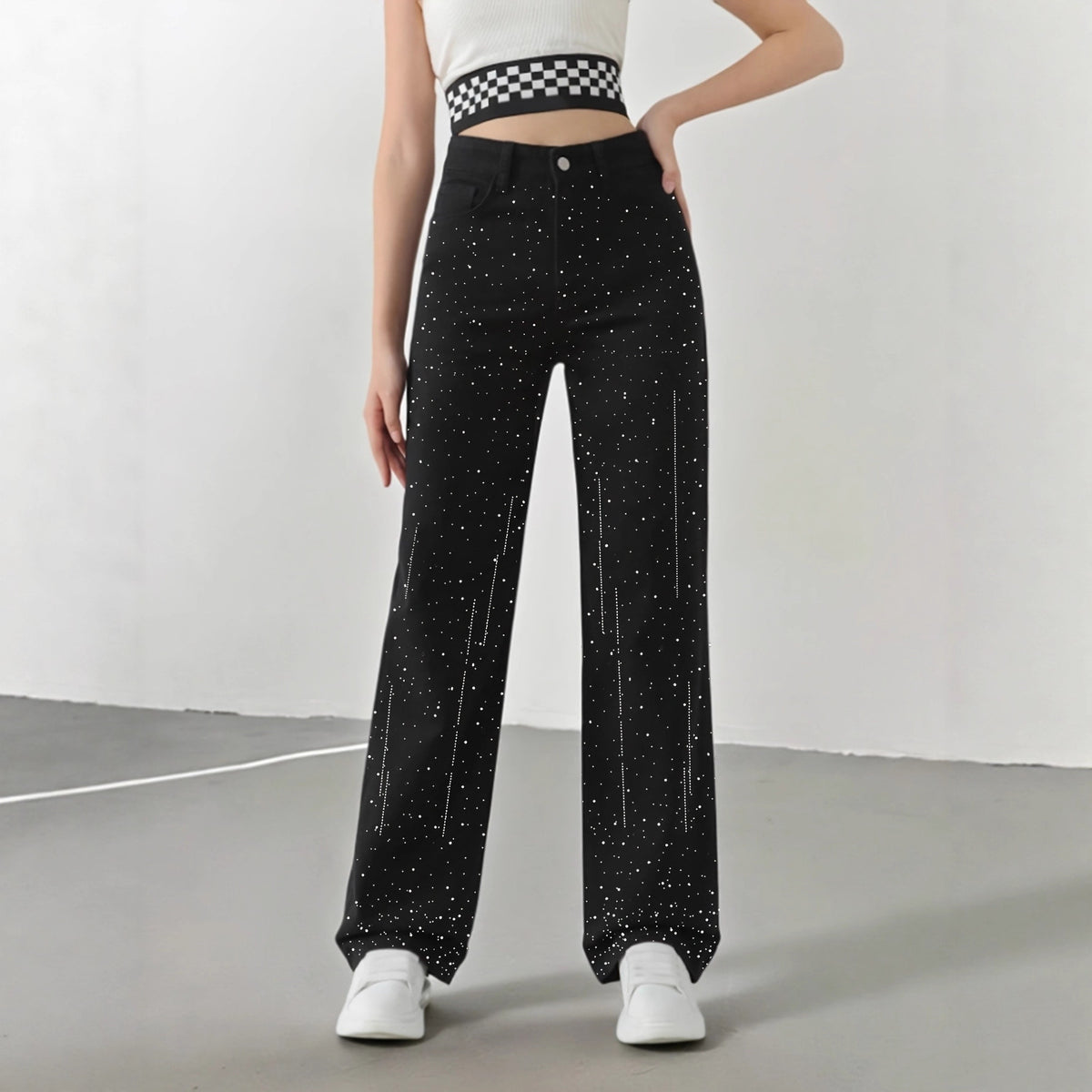High-Waisted Rhinestone-Detail Jeans