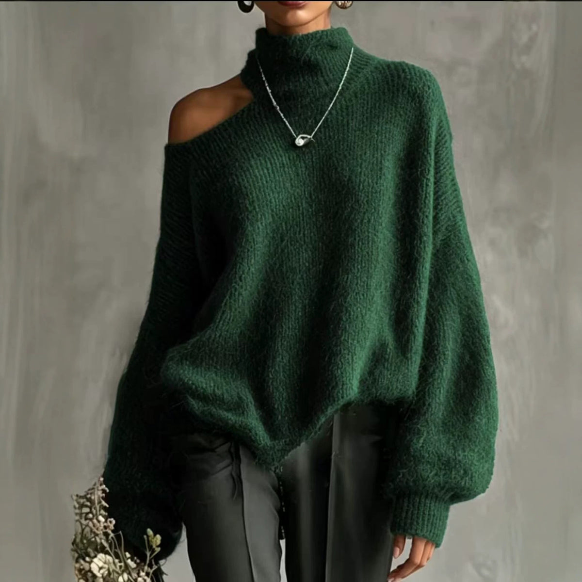 High-Neck Knit Pullover Sweater