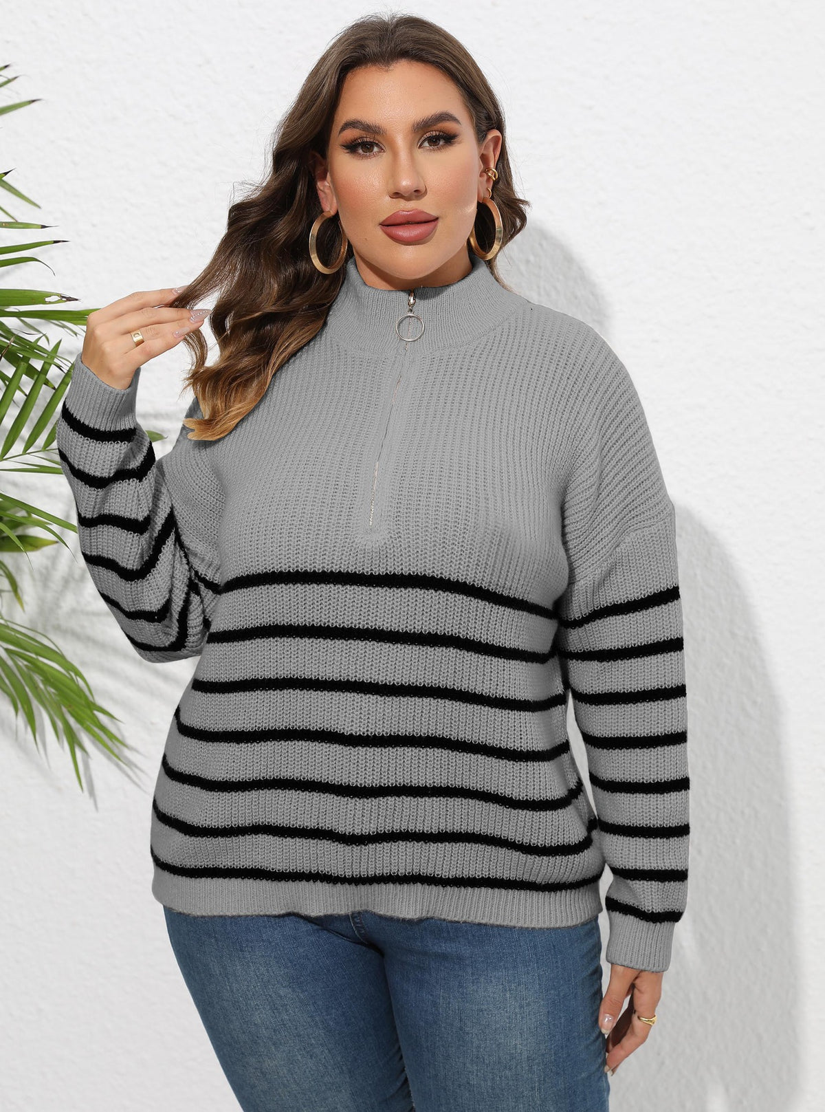 Women's Plus Size Striped Zip-Detail Knit Sweater