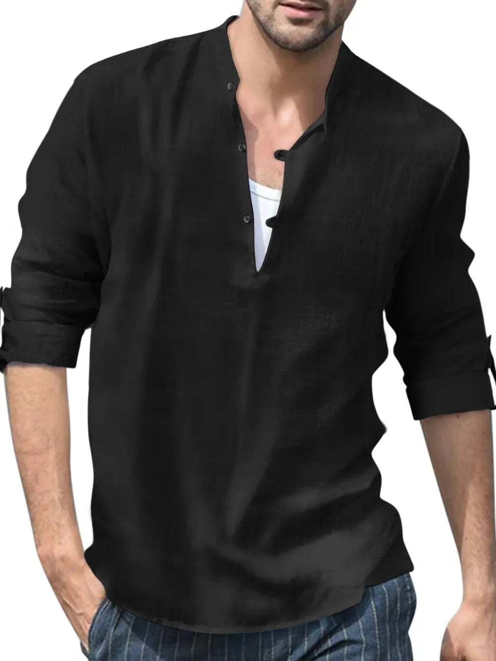 Men's Plus Size Linen Half-Button Long-Sleeve Shirt