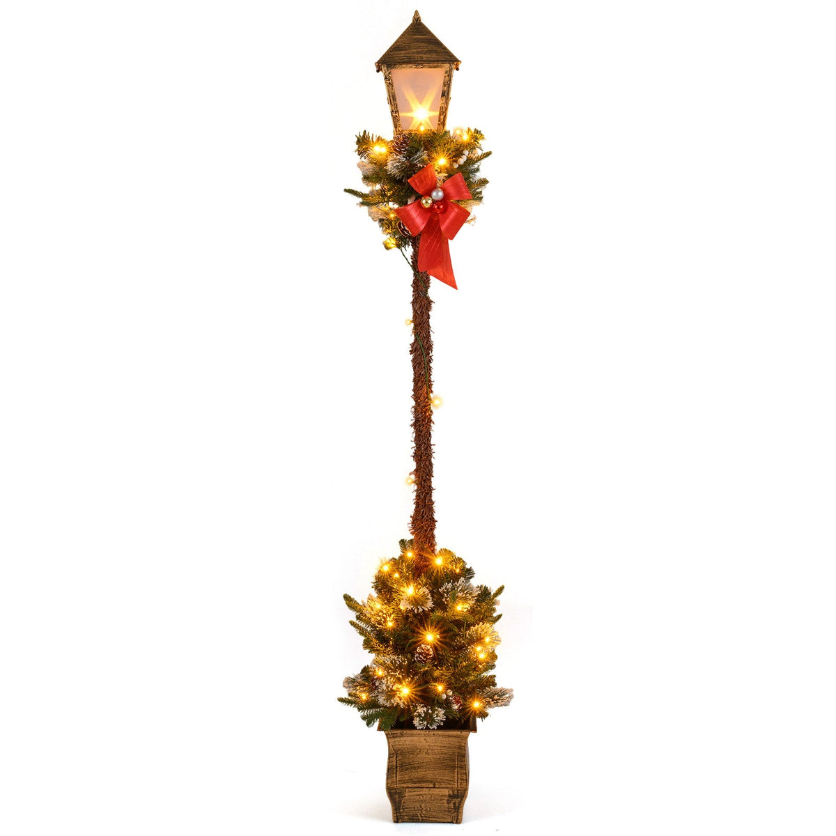 6.1 Feet Christmas Pre-Lit Street Lamp with Artificial Greenery and Snow-flocked Branch Tips