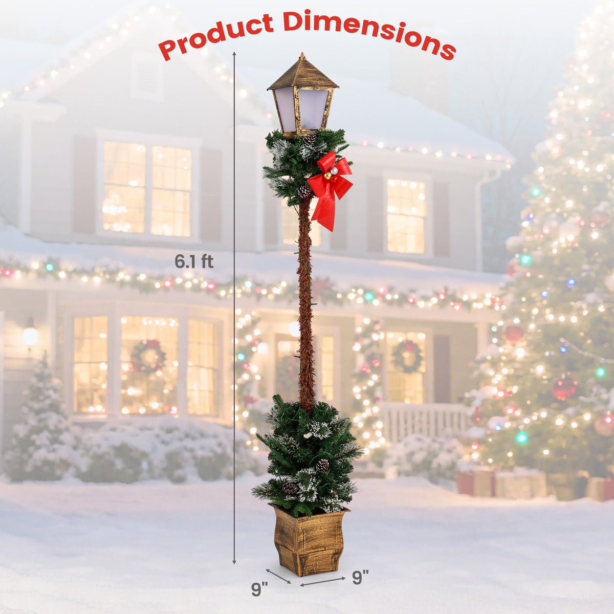 6.1 Feet Christmas Pre-Lit Street Lamp with Artificial Greenery and Snow-flocked Branch Tips