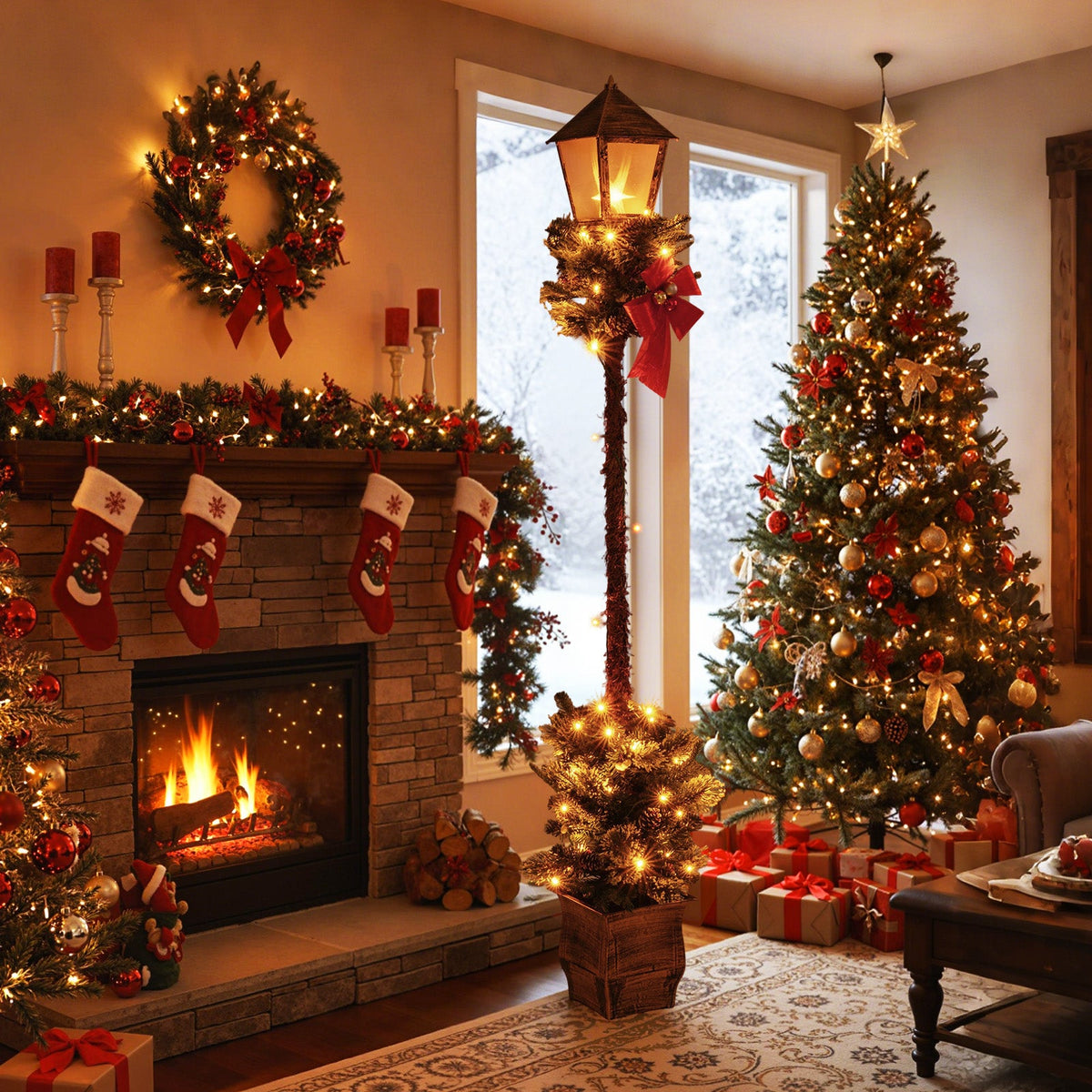 6.1 Feet Christmas Pre-Lit Street Lamp with Artificial Greenery and Snow-flocked Branch Tips