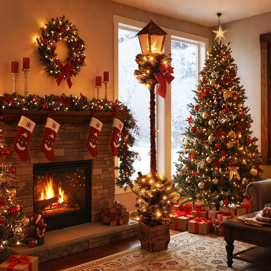 6.1 Feet Christmas Pre-Lit Street Lamp with Artificial Greenery and Snow-flocked Branch Tips