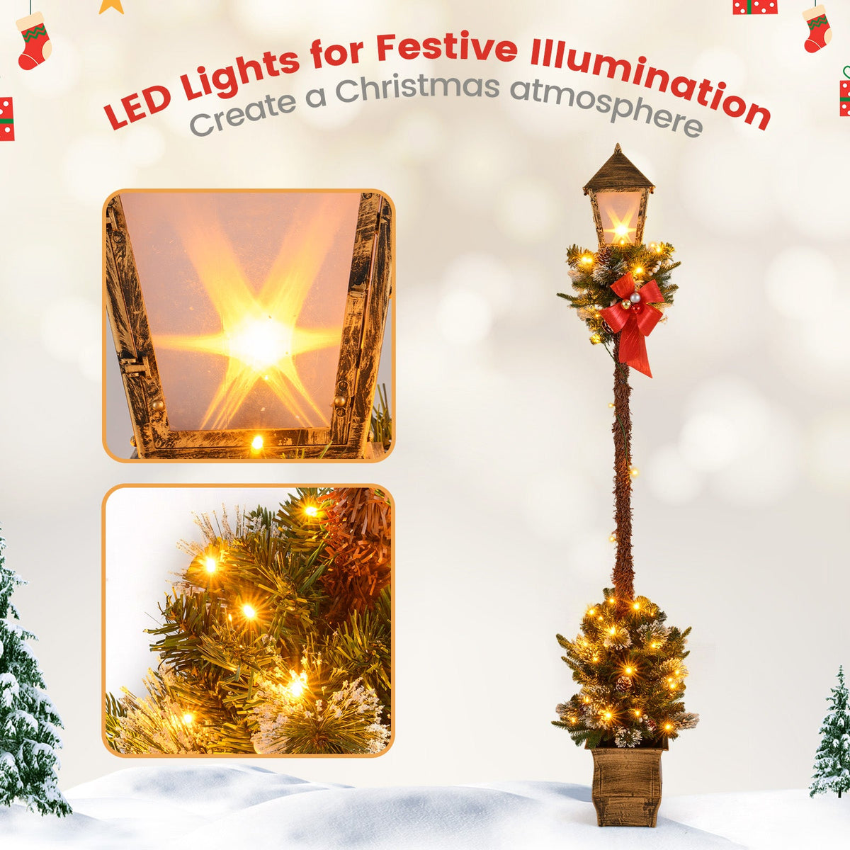 6.1 Feet Christmas Pre-Lit Street Lamp with Artificial Greenery and Snow-flocked Branch Tips