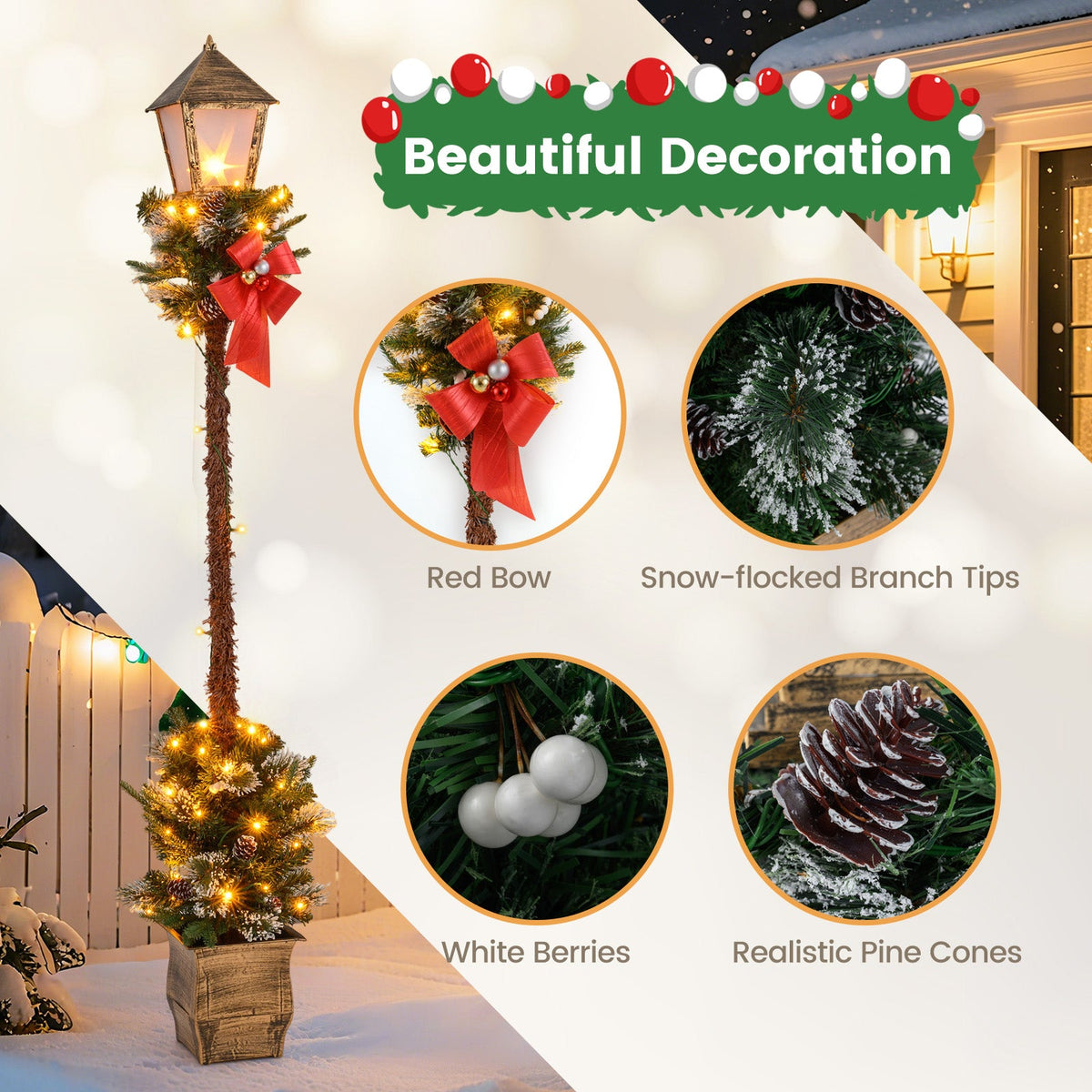 6.1 Feet Christmas Pre-Lit Street Lamp with Artificial Greenery and Snow-flocked Branch Tips