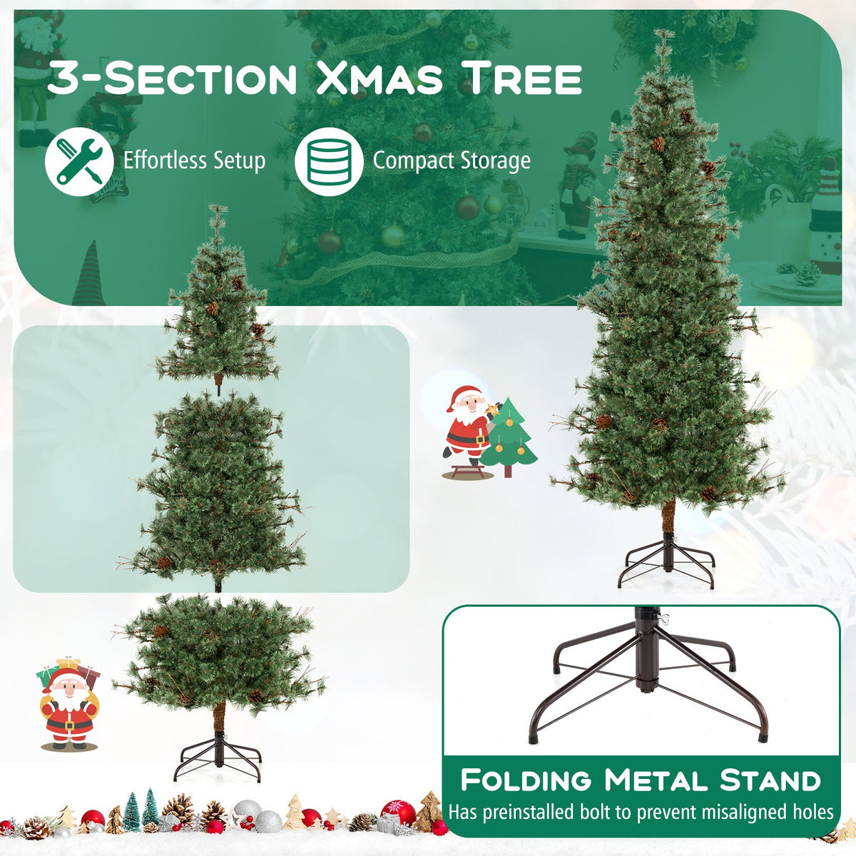 Pre-Lit Hinged Christmas Tree with Pinecones | 6–8 ft