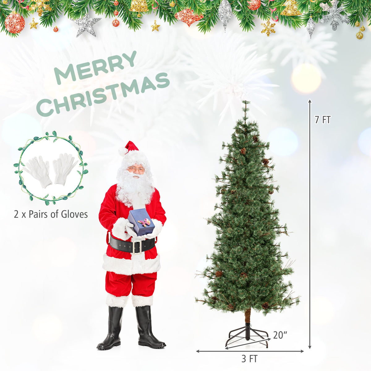 Pre-Lit Hinged Christmas Tree with Pinecones | 6–8 ft