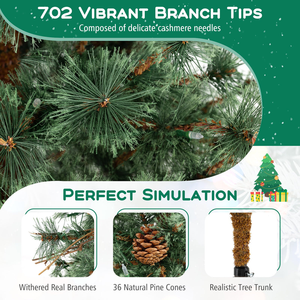 Pre-Lit Hinged Christmas Tree with Pinecones | 6–8 ft