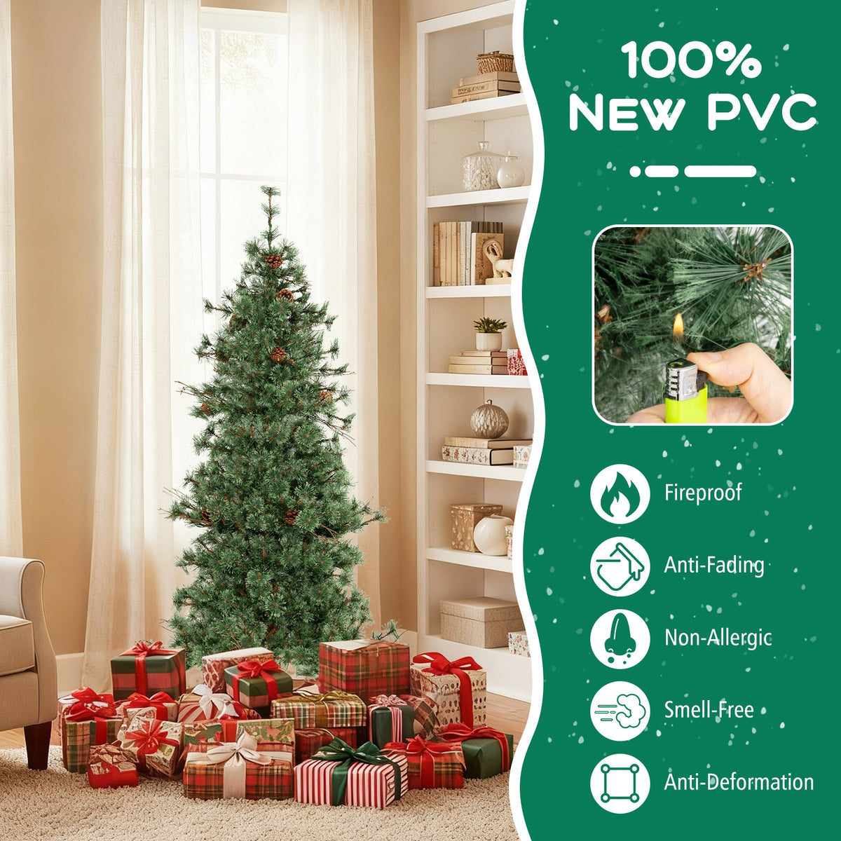 Pre-Lit Hinged Christmas Tree with Pinecones | 6–8 ft